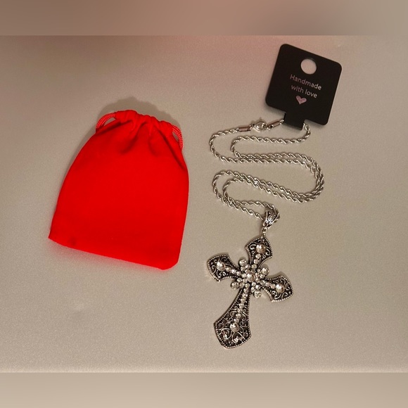 Victorian Goth Silver Statement Cross Necklace Big Large Crystals Brand New - Picture 8 of 16